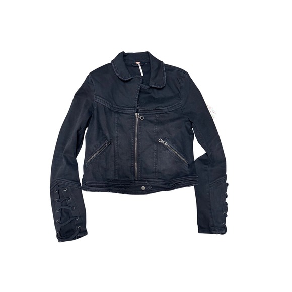 Free People‎ Denim Jacket Moto Style Gray Black Size S - Picture 4 of 9